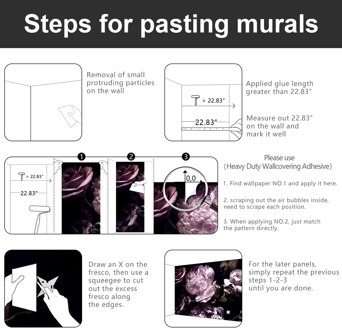 -Black Peony Purple Floral Botanical Fabric Wallpaper Living Room Bedroom Bathroom Dark Flowers Large Wall Mural- 137"x96"οΌ not Peel and StickοΌ