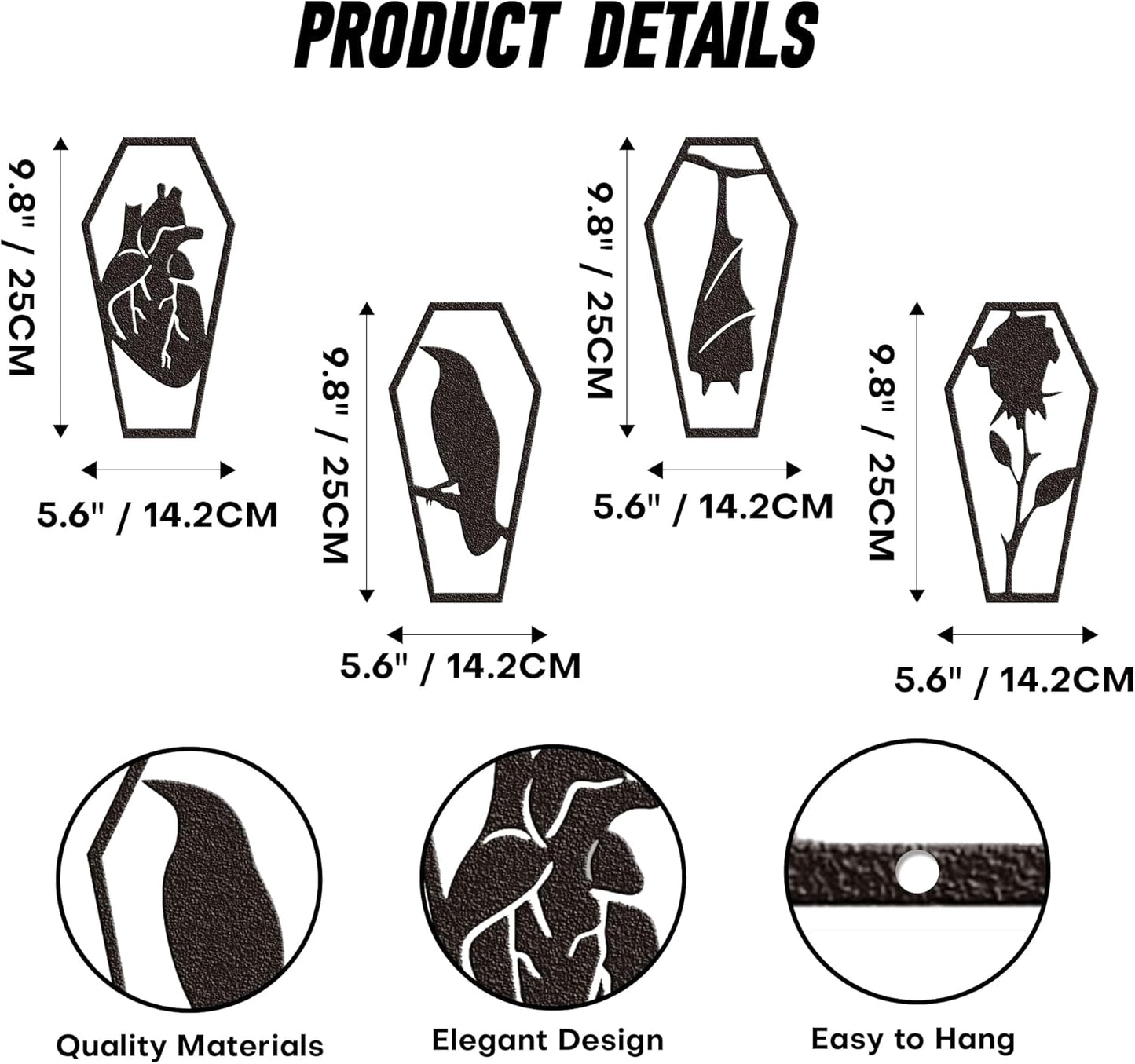 YATEASLU Gothic Coffin Wall Decor Set of 4 Metal Heart, Crow, Bat, Rose Sculptures for Gothic Home Decor, Bathroom, Kitchen, Office - Spooky Halloween Wall Decor with Screws