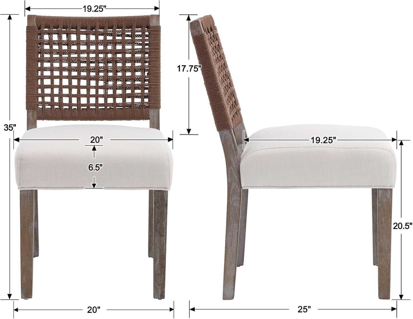 Kmax Farmhouse Dining Chairs Set of 2, Rustic Kitchen Chairs with Linen Fabric Seat and Woven Back, Vintage Accent Chairs for Dining Room, Living Room, Beige