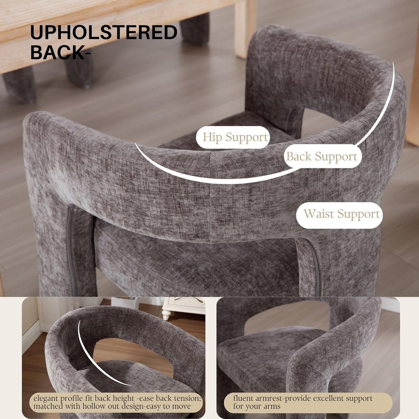 Charcoal Grey Chenille Dining Chairs Set of 4, Modern Barrel Dining Room Chairs Upholstered Accent Chair with Arms and Round Back for Living Room Kitchen Armchair No Assembly Needed