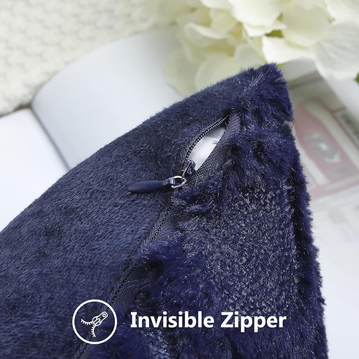 decorUhome Fall Throw Pillow Covers 26x26 Inch Set of 2, Soft Plush Decorative Faux Fur Navy Blue Solid Couch Pillow Covers, Accent Farmhouse Neutral Square Euro Pillow Cases for Sofa Bed Living Room