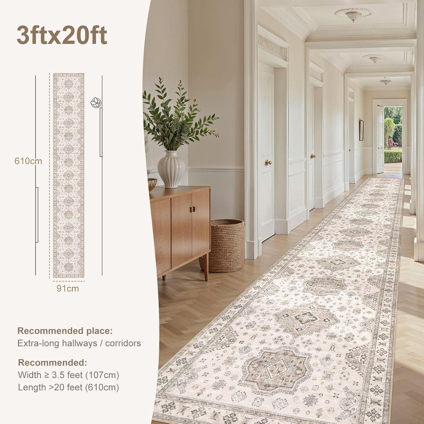 Washable 3x20 Runner Rug - Area Rugs Neutral Vintage Distressed Floral Farmhouse Boho Large Soft Floor Rug Indoor Carpet for Hallway Entryway Home - Beige Brown