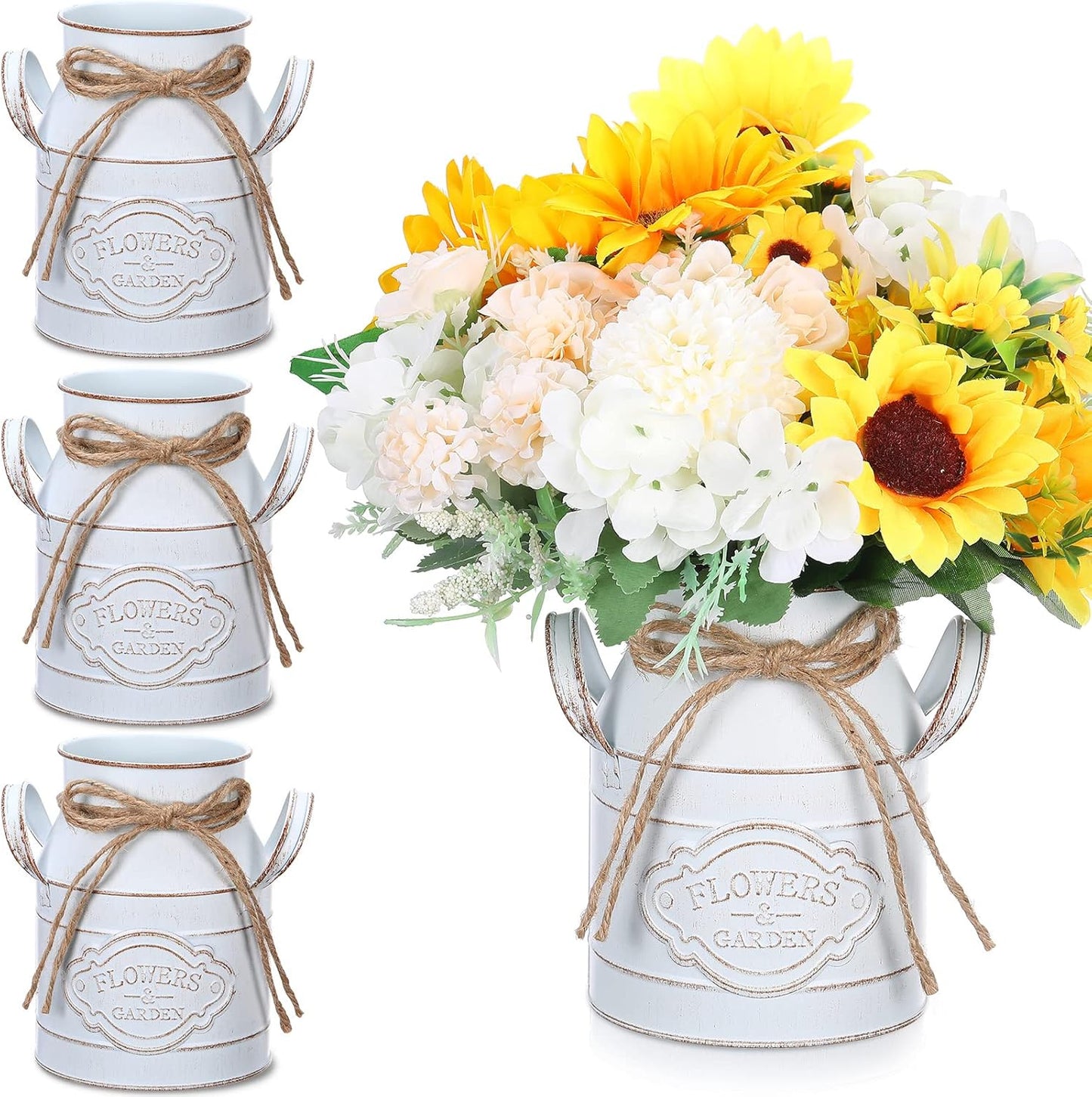 6 Inch Farmhouse Vase Decor Milk Can Vintage Flower Jug Galvanized Metal Vase with Handle Rustic Flower Buckets for Thanksgiving Christmas Table Centerpiece Weddings Gifts(Retro White,4 Pcs)