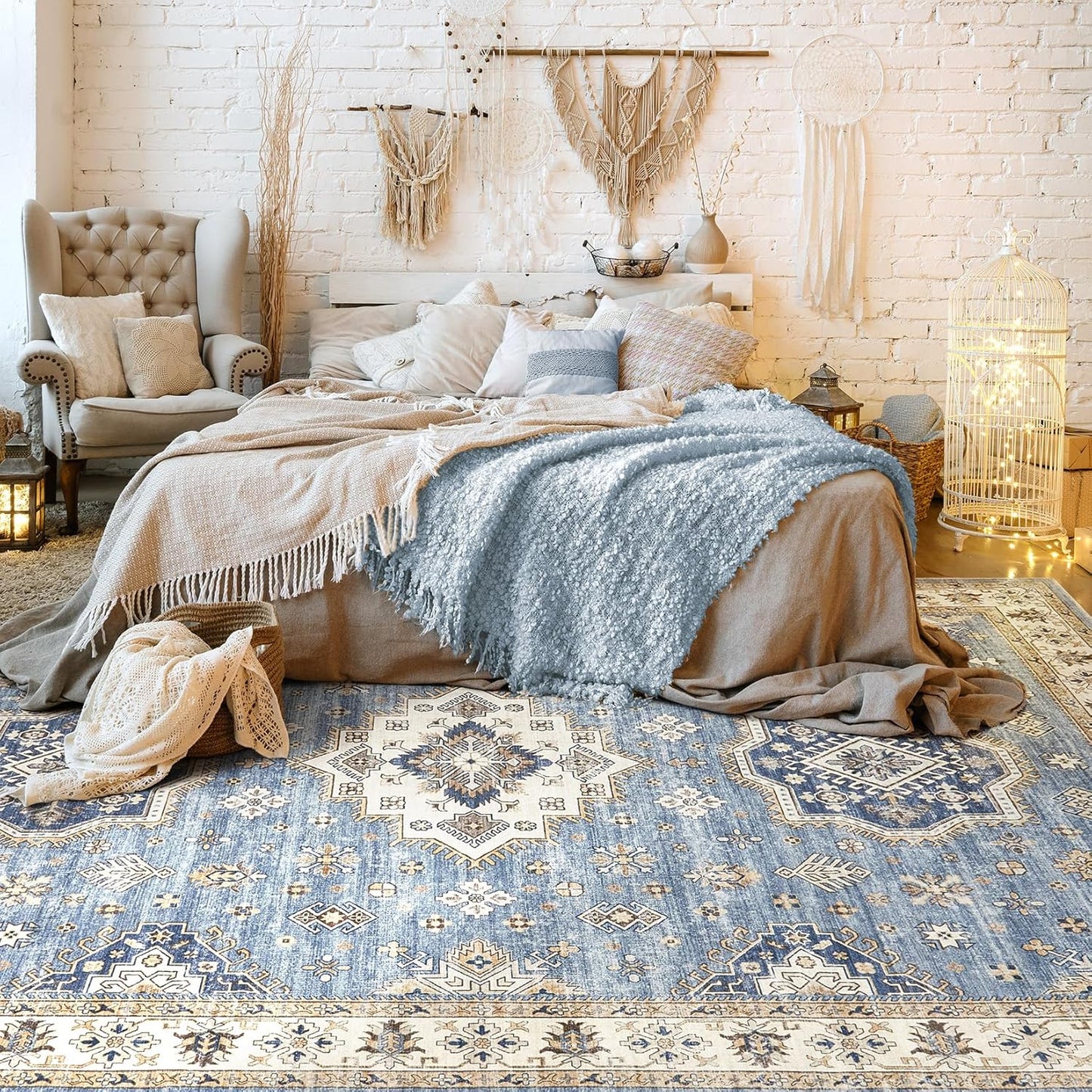 Washable Area Rugs for Living Room -10x14 Neutral Vintage Distressed Floral Farmhouse Boho Large Soft Floor Rug Indoor Non Slip Carpet for Living Room Bedroom Dining Room Office - Blue